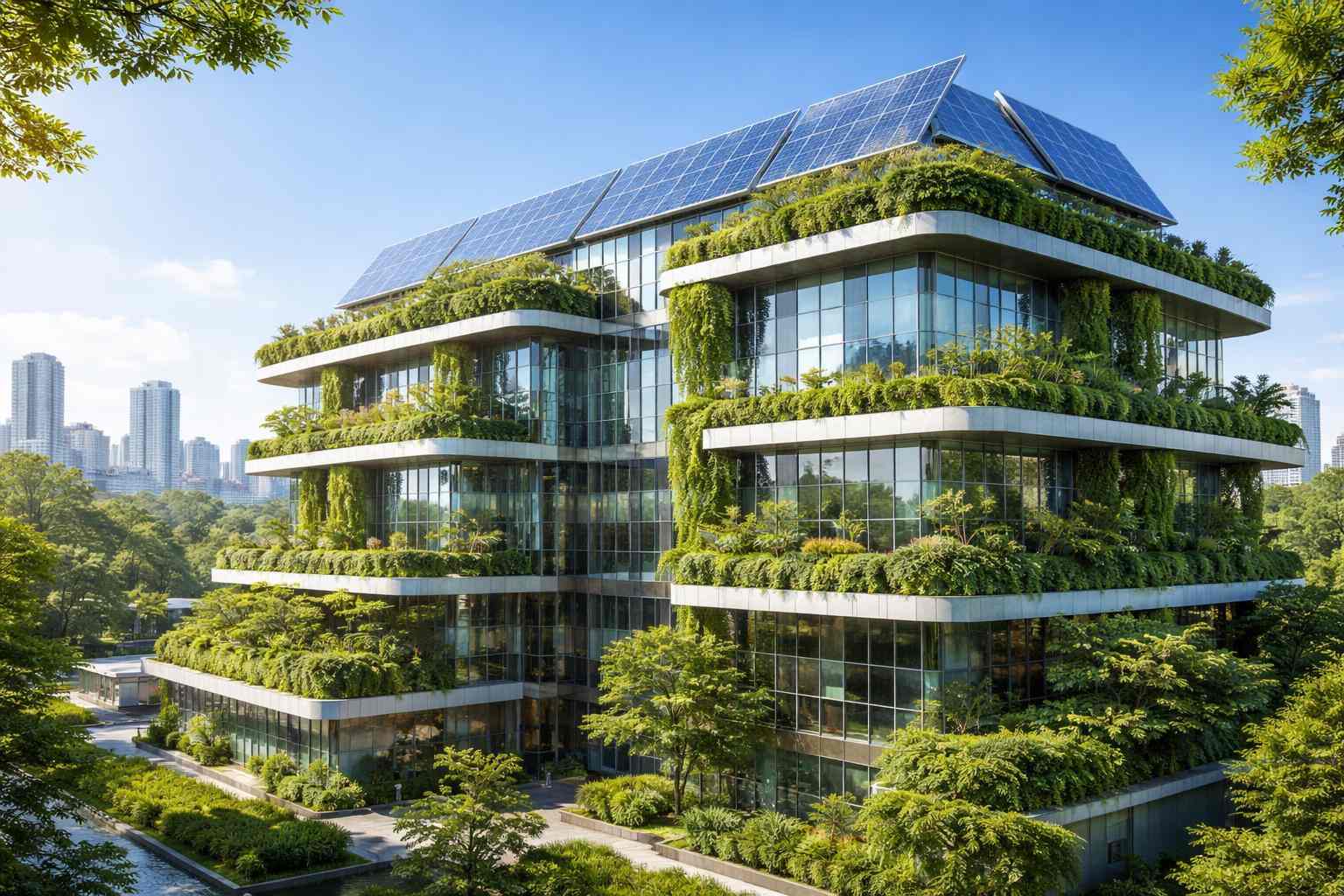 智慧綠建築示意圖，展示結合綠能與智慧系統的永續建築外觀。